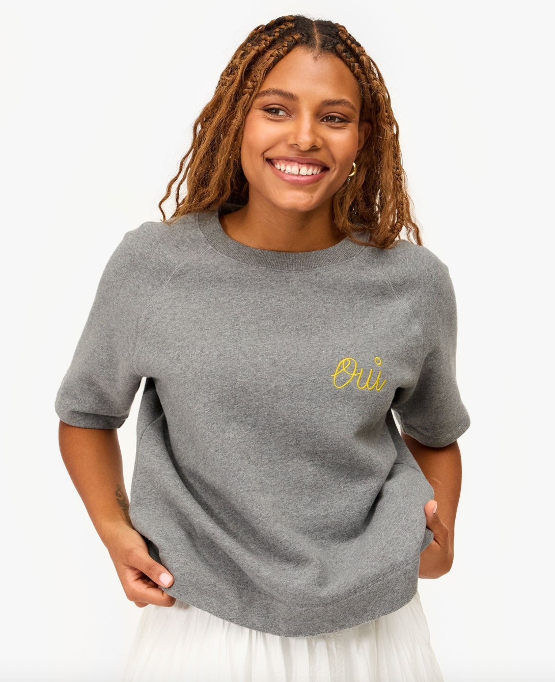Clare V. Short Sleeve Sweatshirt - Grey Melange w/ Citron Embroidered Oui