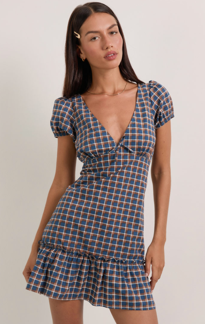 Motel Rocks Marika Mini Dress - Tartan Blue