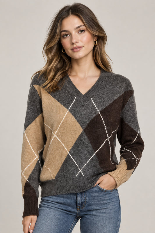 Little Lies V-Neck Argyle Sweater - gilt+gossamer