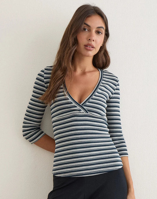 Motel Rocks Silea Top In Jersey Stripe Navy And Grey - gilt+gossamer