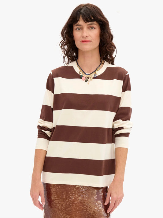 Clare V. Long Sleeve Tee - Cream/Pinecone Rugby Stripe