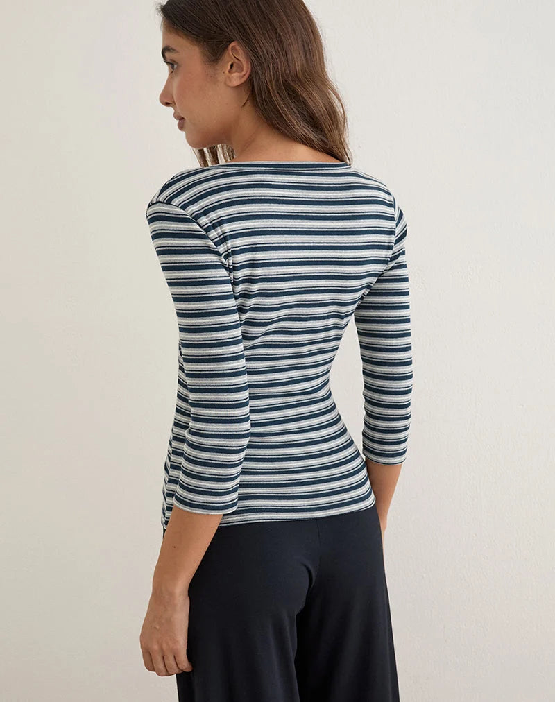 Motel Rocks Silea Top In Jersey Stripe Navy And Grey