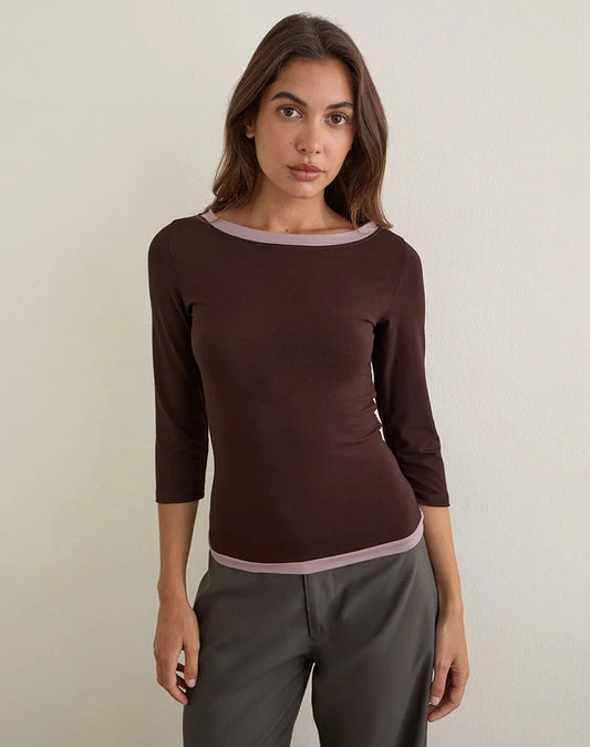 Motel Rocks Yones Top In Bitter Chocolate with Grey Lavender Trim - gilt+gossamer