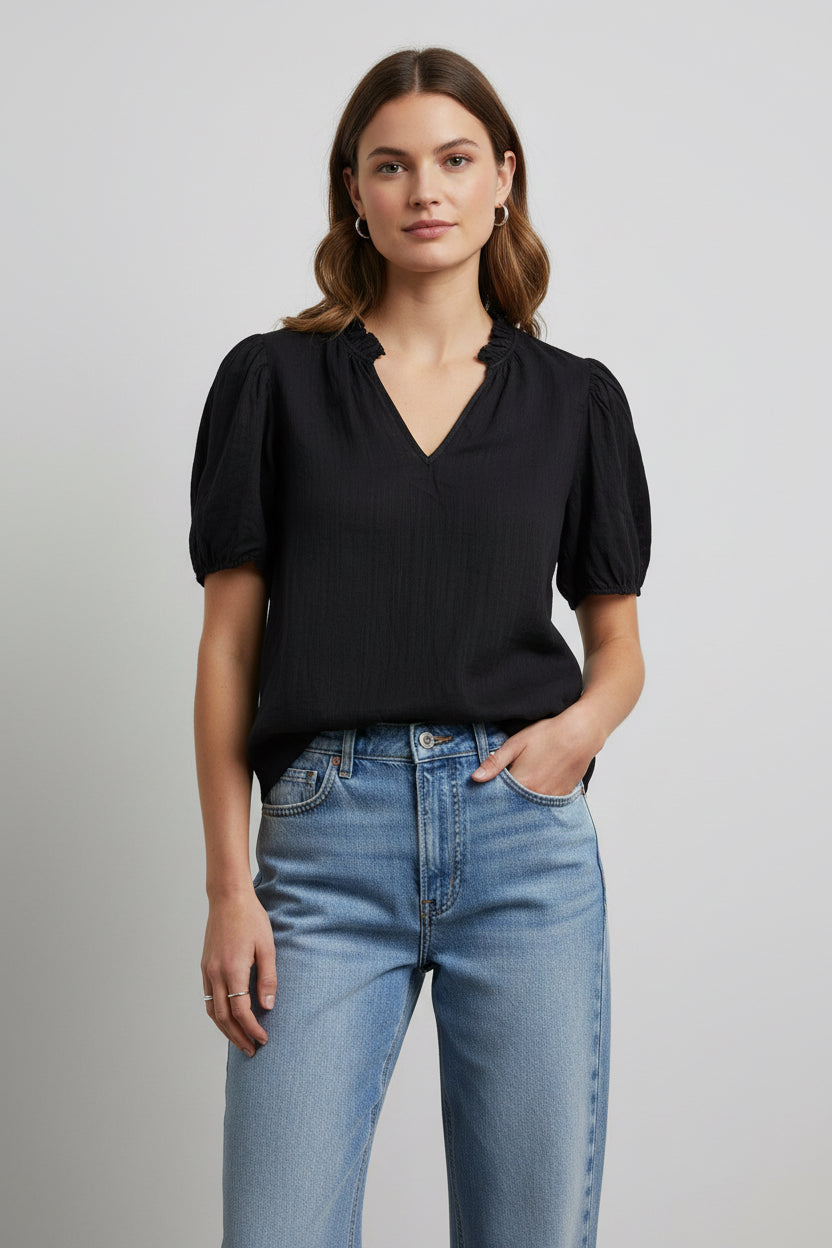 MILA Ruffle Neck Top - Black
