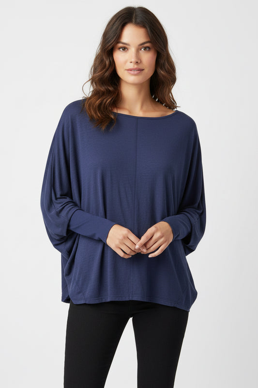 MILA Bat Wing Slub Top - Navy