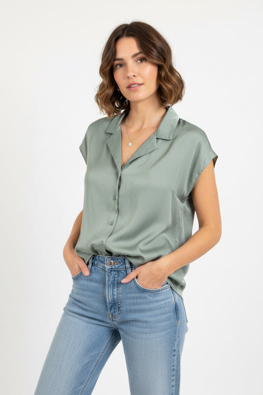 Miou Muse Button Down Cap Sleeve Top