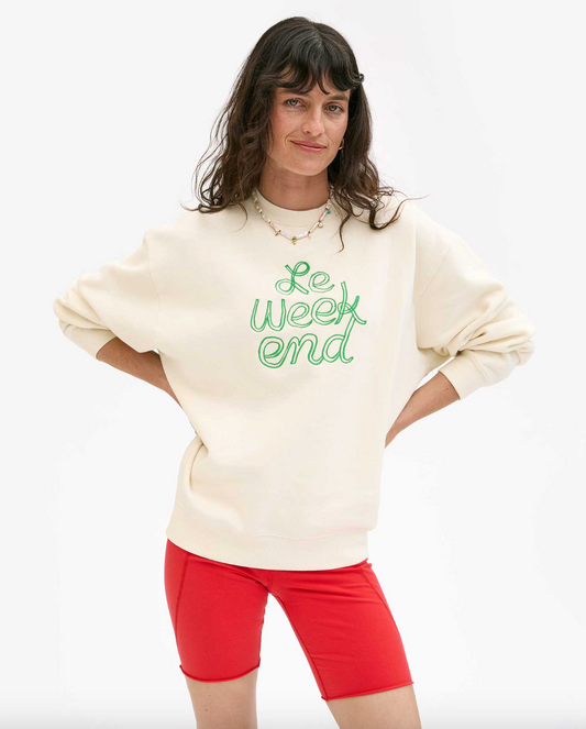 Clare V. Oversized Sweatshirt - Cream w/ Green Embroidered Le Weekend