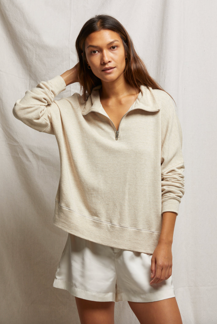 Perfect White Tee - Maren French Terry Half Zip Sweatshirt - Oatmeal