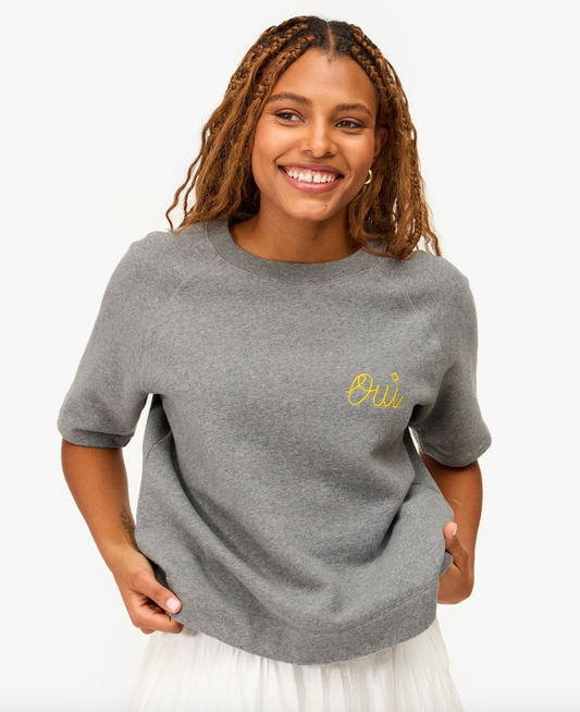 Clare V. Short Sleeve Sweatshirt - Grey Melange w/ Citron Embroidered Oui