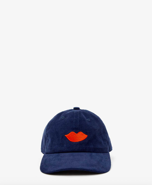 Clare V. Baseball Hat - Navy Corduroy w/ Bright Poppy Embroidered Lips