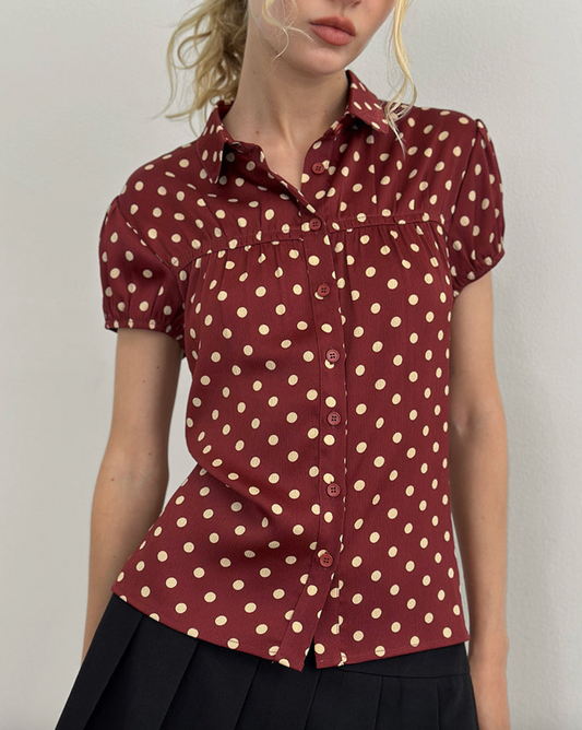 Motel Rocks Ulsan Fitted Shirt - Burnt Red With Polka Print