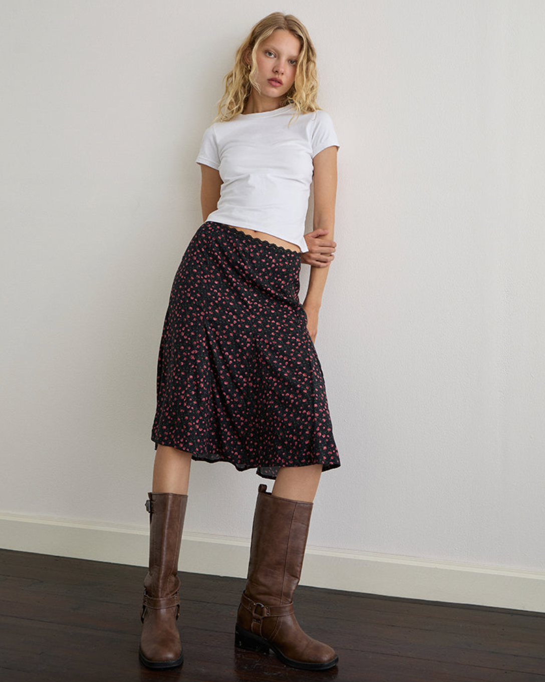 Motel Rocks Rahyu Black Midi Skirt - Dark Pink Rose