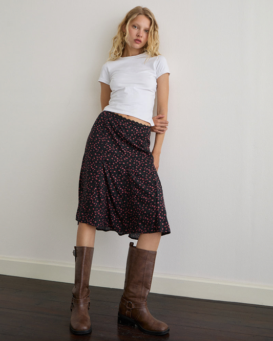 Motel Rocks Rahyu Black Midi Skirt - Dark Pink Rose