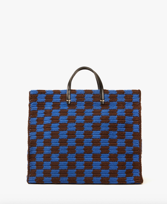Clare V. Summer Simple Tote - Deep Blue/Chocolate Checker