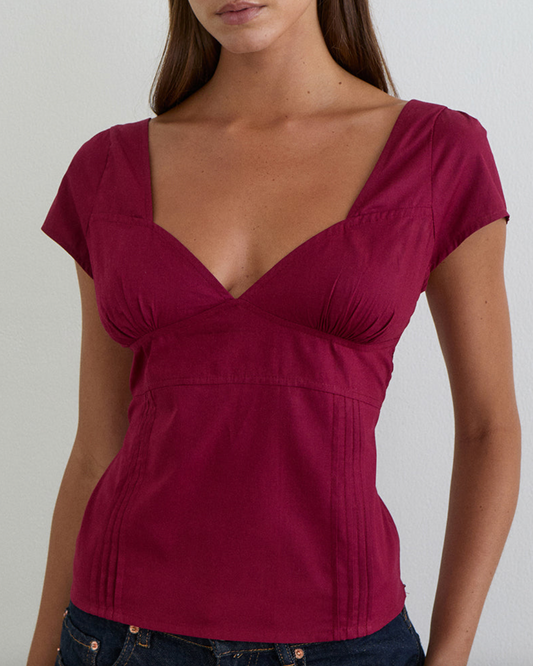 Motel Rocks Uliva Cap Sleeve Corset Top - Poplin Burgundy - gilt+gossamer