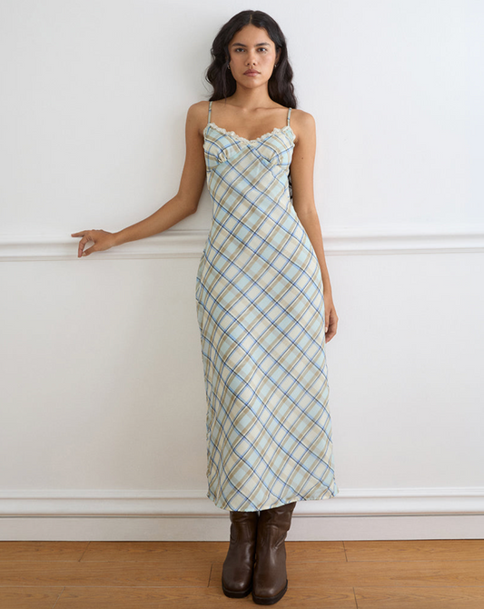 Motel Rocks Naska Maxi Dress - Chiffon Vintage Blue Check - gilt+gossamer