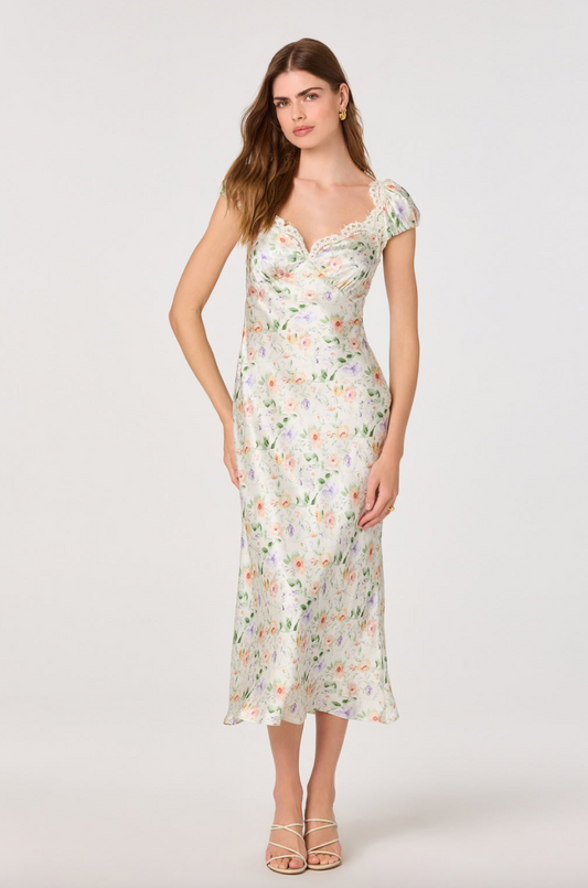 ASTR The Label Makaela Puff Sleeve Floral Satin Midi Dress