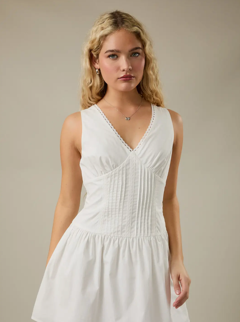 Skye V-Neckline Poplin Mini Dress White Trim Detail