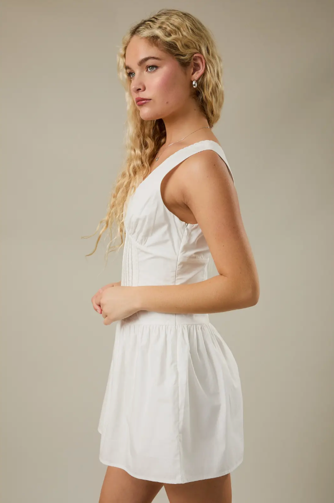 Skye V-Neckline Poplin Mini Dress White Trim Detail