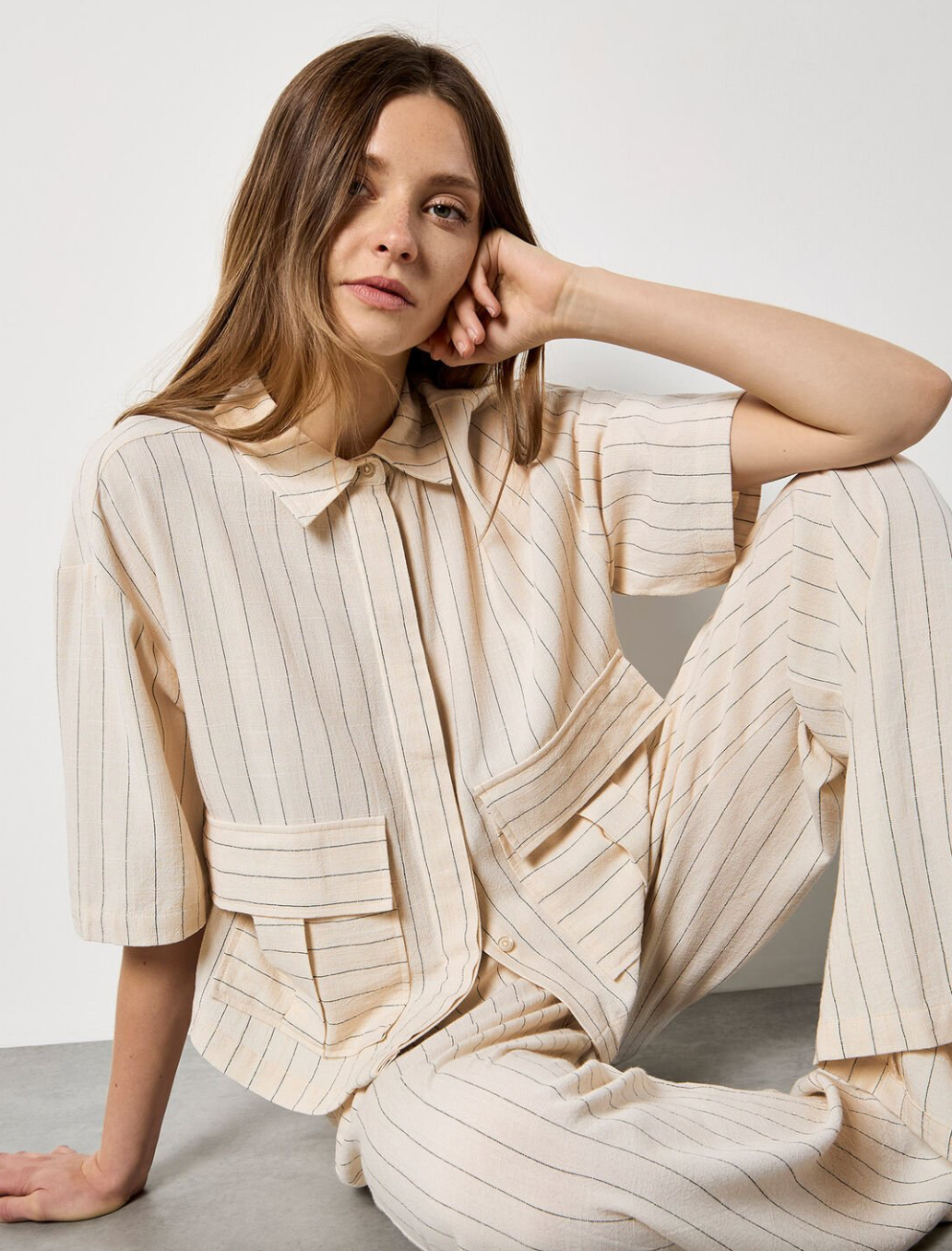 Apricot Pinstripe Linen Wide-Leg Trouser - Stone - gilt+gossamer