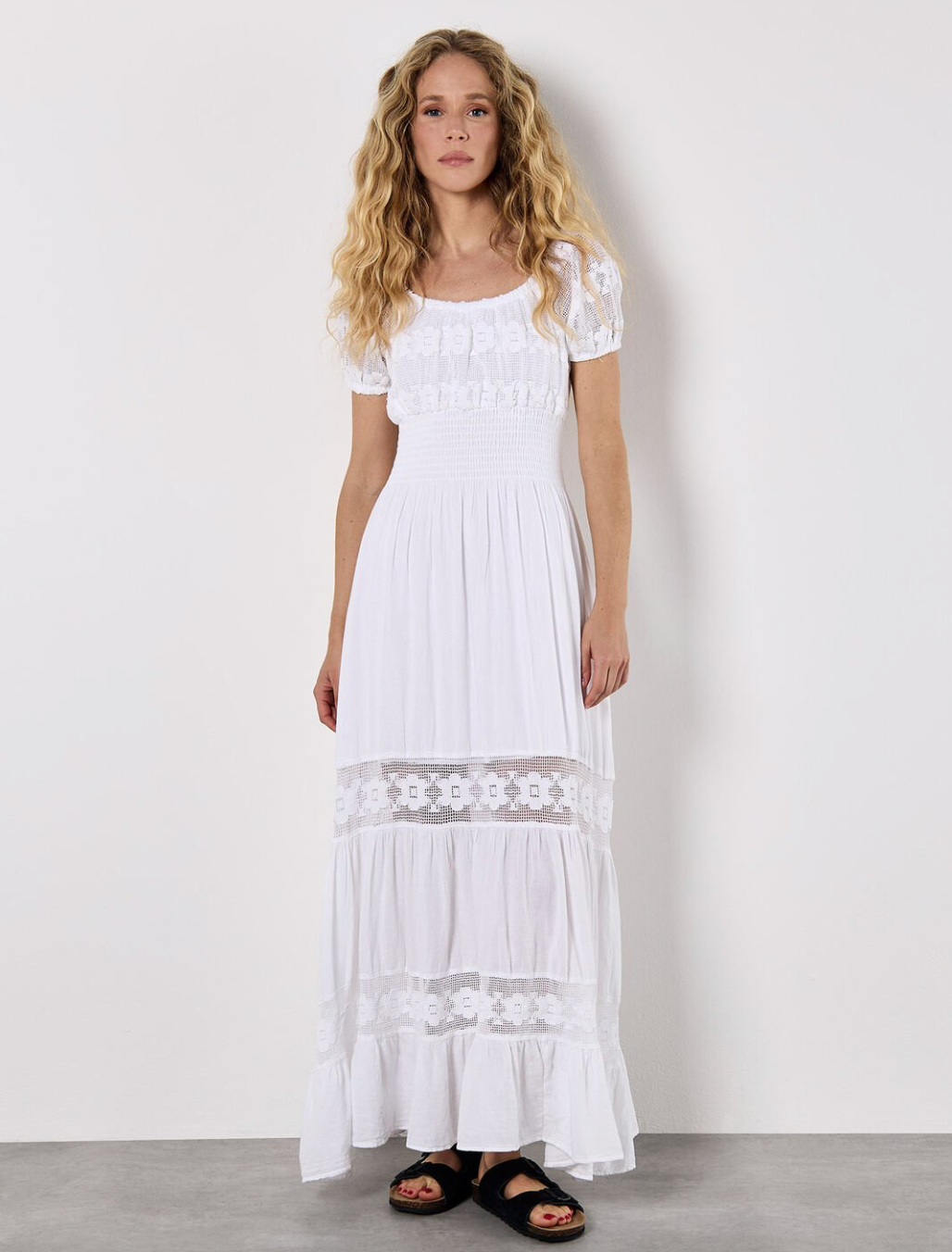 Apricot Floral Lace Cotton Milkmaid Maxi Dress
